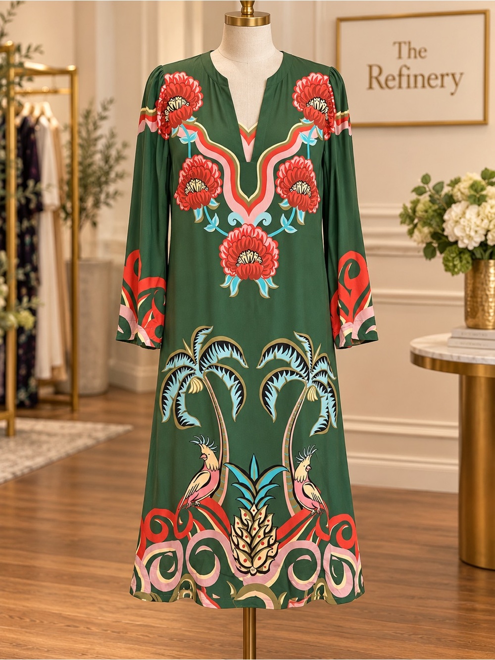 FARM Rio Green Floral Midi Dress with Red & Pink Accents